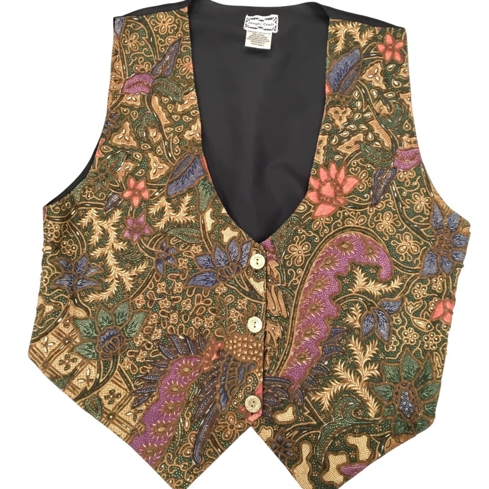Vintage Magic Craft Batik Print Vest One Size Cotton Floral‎ Bird Motif